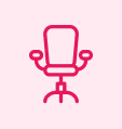 Icon of a red office chair with armrests on a light pink background.