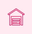 Icon of a simple garage with a peaked roof and closed double doors, depicted in pink on a light pink background.